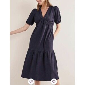 Boden Boho Jersey Seersucker Dress Size 14R Lagenlook Tiered Puff Sleeve Navy